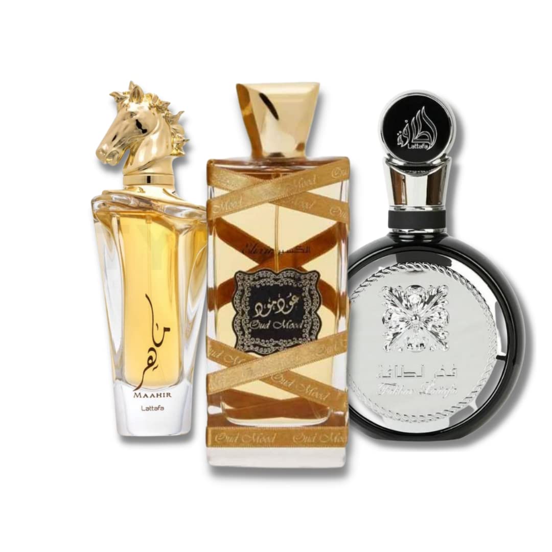 Lattafa for Unisex 3 Piece Eau de Parfum Gift Set (Maahir + Fakhar for Men + Oud Mood Elixir) 3.4 Ounce/100 ml each Beauty & Personal Care Lattafa