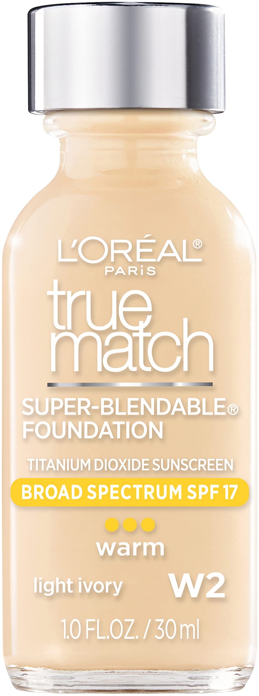 L'Oreal Paris Makeup True Match Super-Blendable Liquid Foundation, Light Ivory W2, 1 Fl Oz, 1 Count