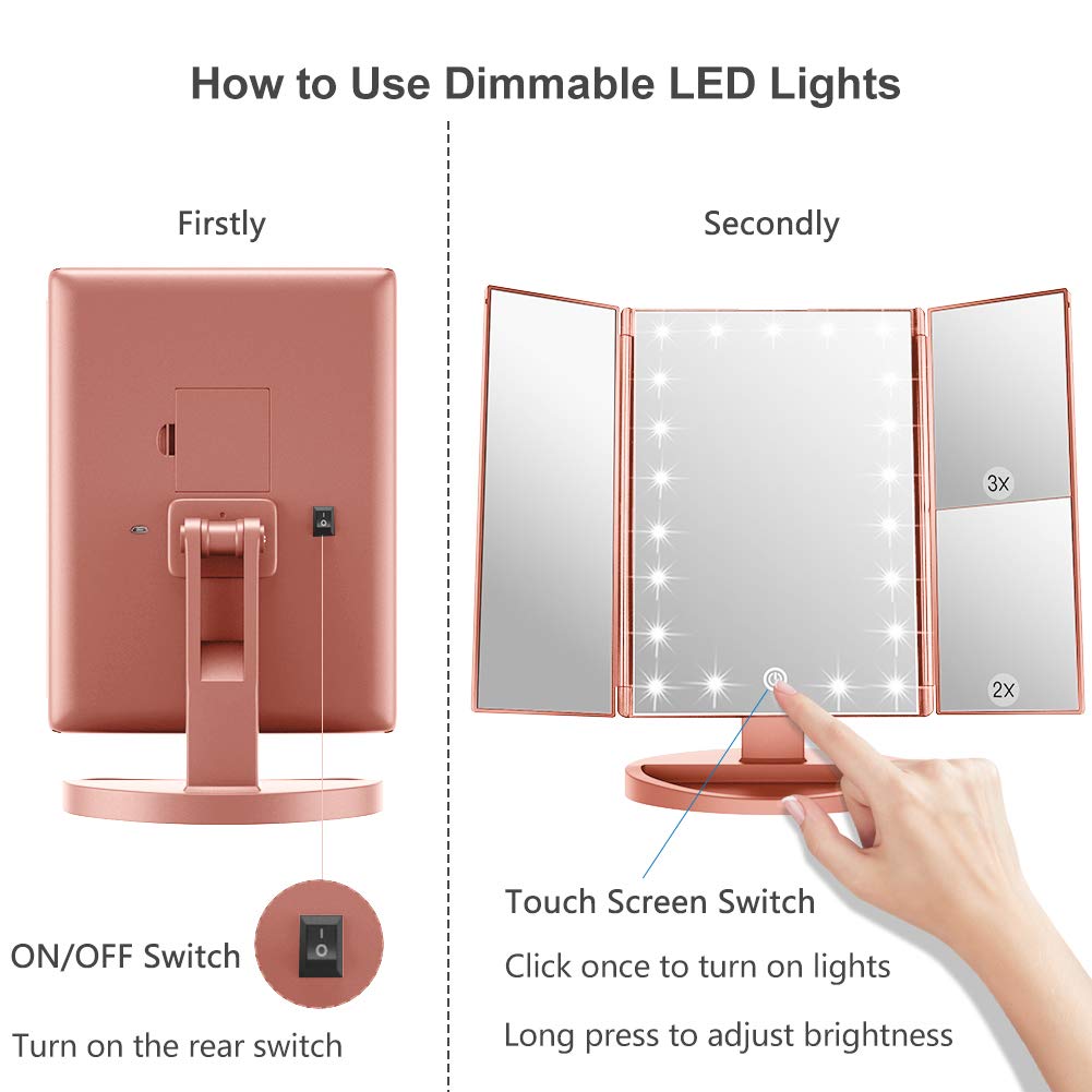 WEILY Makeup Mirror with 21 LED Lights,Two Power Supply, Touch Screen and 1x/2x/3x Magnification Tri-Fold Vanity Mirror for Makeup Desk(Rose Gold) Beauty & Personal Care WEILY