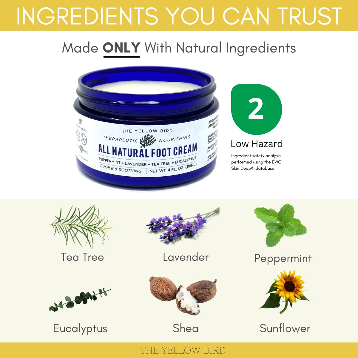 Yellow Bird Natural Tea Tree Foot Cream & Organic Foot Balm for Dry, Cracked Feet & Heels - Peppermint Moisturizer for Athlete’s Foot Relief Beauty & Personal Care The Yellow Bird