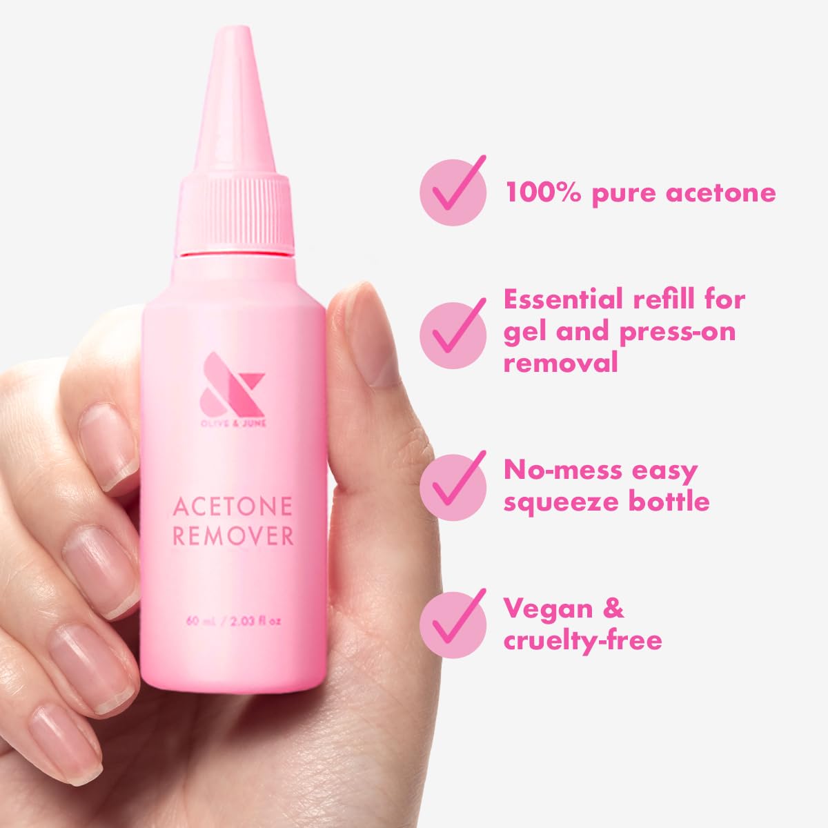 Olive & June Acetone Remover Bottle | Professional Strength | Press-On & Gel Nail Polish Remover | Fast-Acting, Easy Squeeze Bottle | Salon-Grade