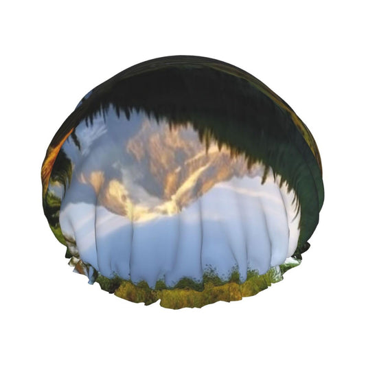 Mountain and Lake Pictures Shower Cap for Women Men Large Reusable Shower Bonnet Double-Layer Waterproof Bath Caps Elastic Band Hair Hat for All Beauty and Personal Care BWLHJKE