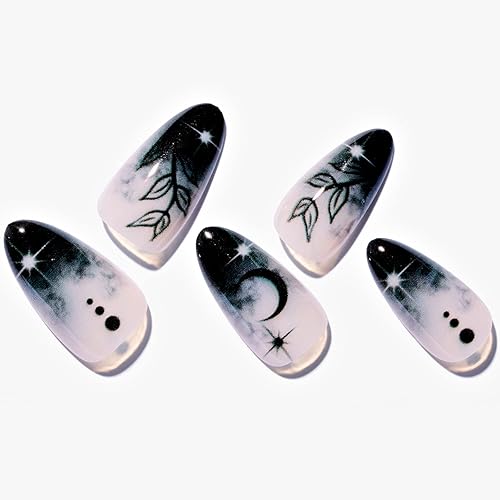 GLAMERMAID Press on Nails Medium Almond, Gothic Black Ombre French Tip Gel Glue on Nail, Glossy Short Stiletto Reusable UV Finish Fake Nails Acrylic Beauty & Personal Care GLAMERMAID