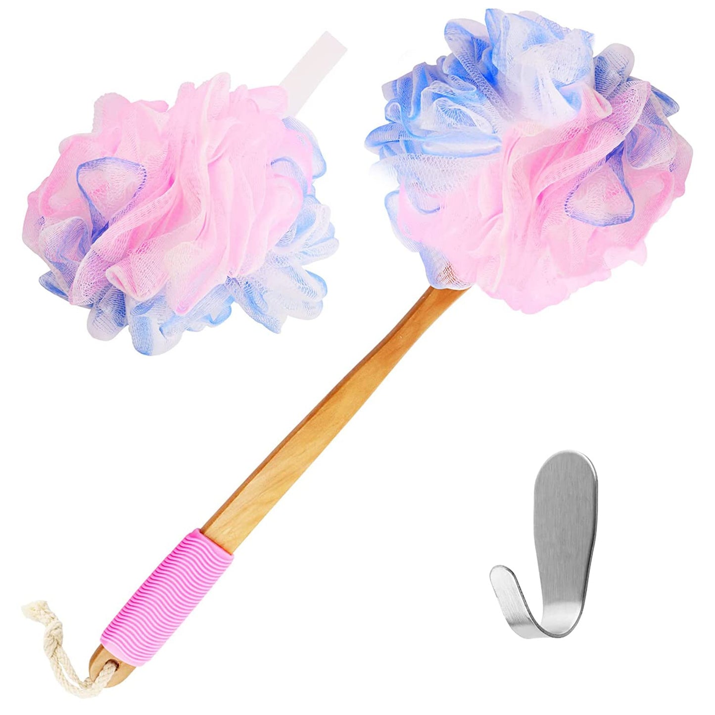 Yoove Loofah Back Scrubber w/Bamboo Charcoal Fiber Infused Bath Sponge, Wooden Handle, Luffa Pouf, Sponge Stick & Hanging Hook for Men & Women, Pink Beauty & Personal Care Yoove