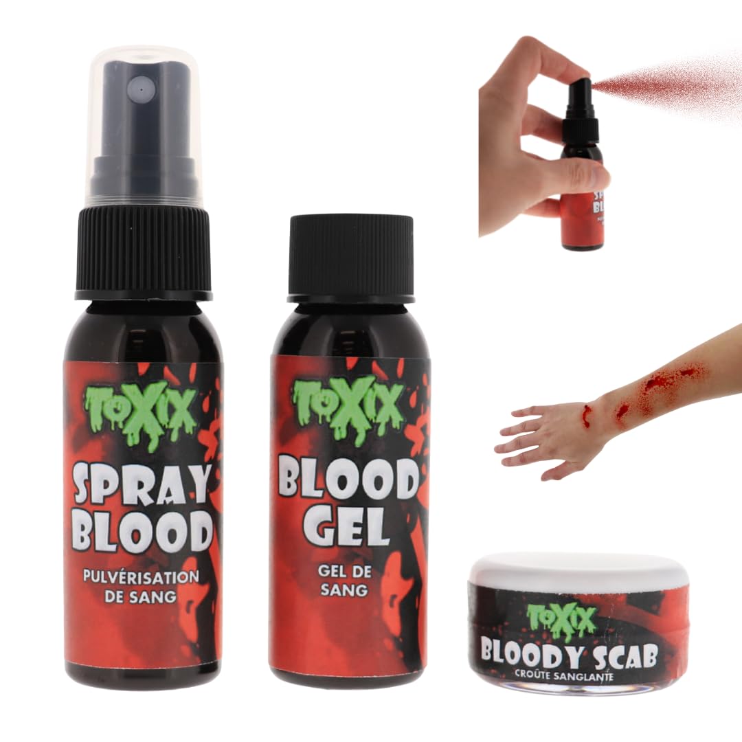 TOXIX 3PCS Halloween Fake Blood Kit- Spray Blood 1FL OZ + Blood Gel 1FL OZ + Bloody Scab 30 Grams, Washable Realistic Special FX Makeup, Zombie Beauty & Personal Care TOXIX