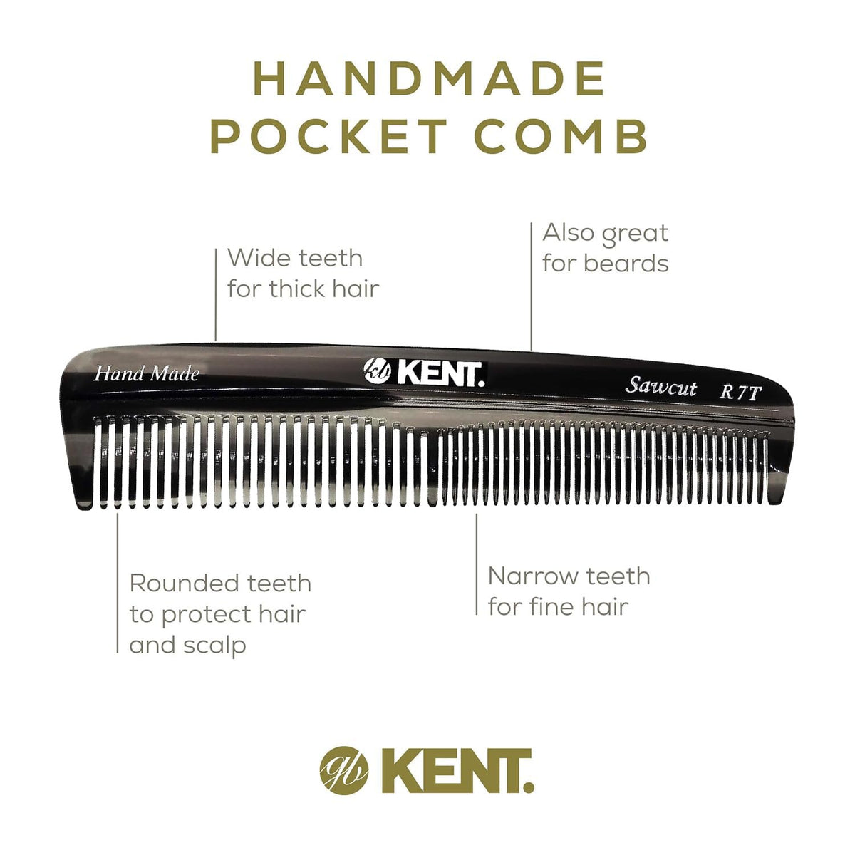 Kent R7T Black Graphite Fine and Wide Tooth Hair Comb, Handmade Pocket Comb for Men, Best Beard and Mustache Comb for Everyday Grooming and Styling,