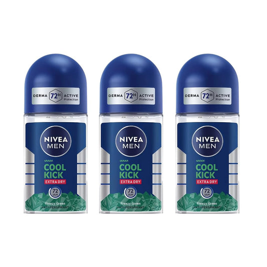 Nivea Men Roll On Deodorant Cool Kick Extra Dry Freezy Green 50mL Long-Lasting Freshness Quick Drying Formula Gentle on Skin for Men, Pack of 3 Beauty and Personal Care NIVEA