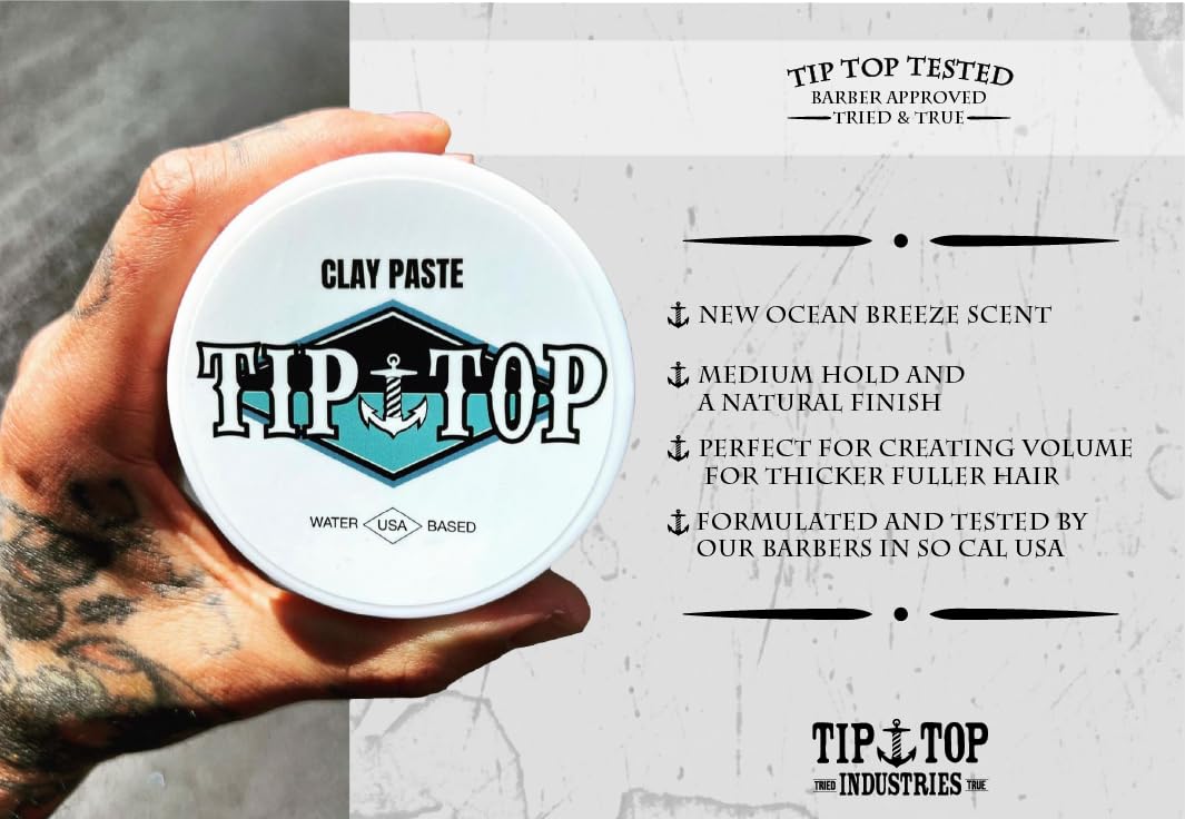 Tip Top Ocean Breeze Clay Paste - Volumizing Medium Hold, Natural Finish - Water Based Clay Pomade, Create Thicker Fuller Hair 4.25oz Beauty & Personal Care Tip Top Pomade