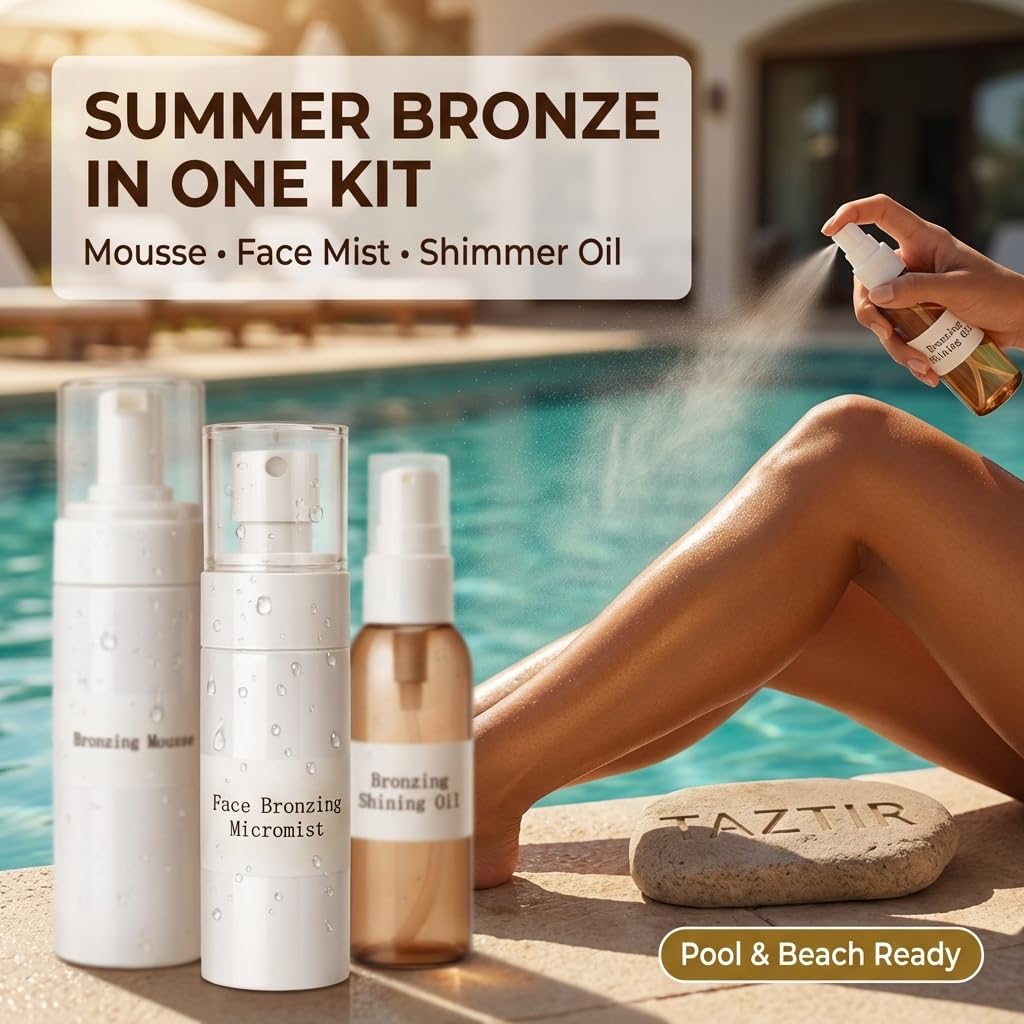 TAZTIR Antique Bronze Mousse Face Bronzer Micro-Mist Spray with Bronzer Shining Oil Set, Mousse/Spray/Oil Trio Set, Natural Bronzer, Moisturizing Beauty & Personal Care TAZTIR