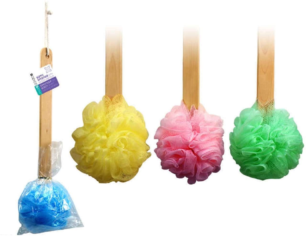 4pk 15" Long Wooden Handle Back Scrubber Bath Shower Mesh Sponge Exfoliating Body Brush Wash Nylon Puff Spa Beauty & Personal Care Bodico