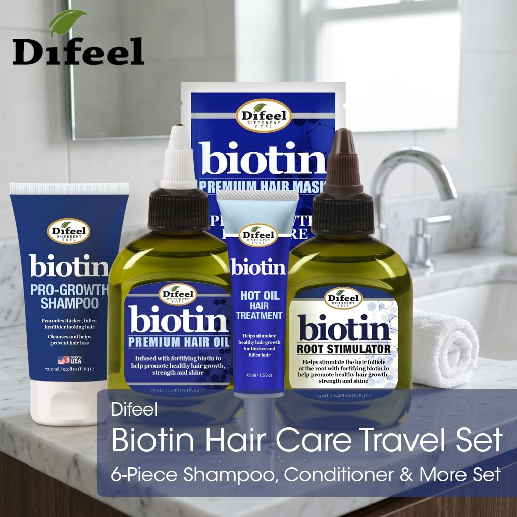 Difeel Biotin Hair Care Travel Set - 6-Piece Shampoo, Conditioner & More Collection - Travel Shampoo & Conditioner Set with Hair Oil, Hair Mask, Hot Beauty & Personal Care Difeel