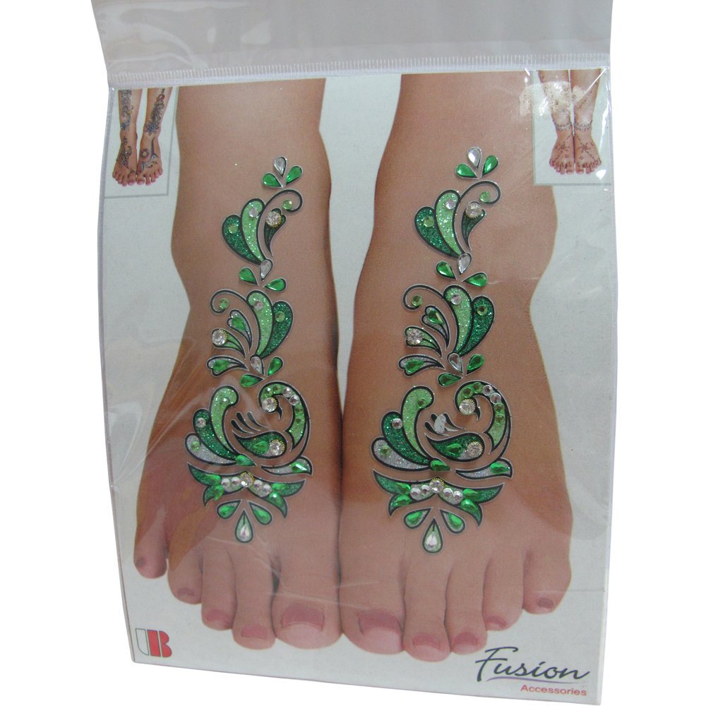 Indian Fashion Art Bollywood Feet Tattoo Sparkling Rhinestone Stick-On Reuseable Bindi (Green) Beauty & Personal Care Padma Craft