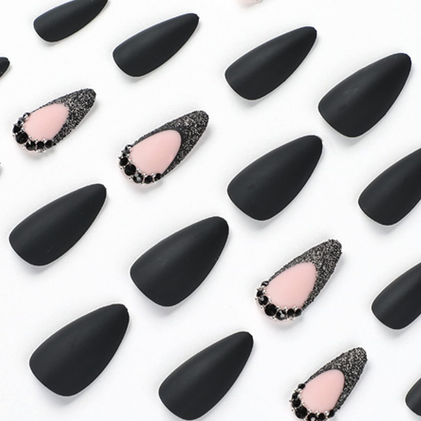IMSOHOT Medium Press on Nails Almond Matte Black Fake Nails French Tips Acrylic False Nails with Rhinestone Designs Beauty & Personal Care IMSOHOT