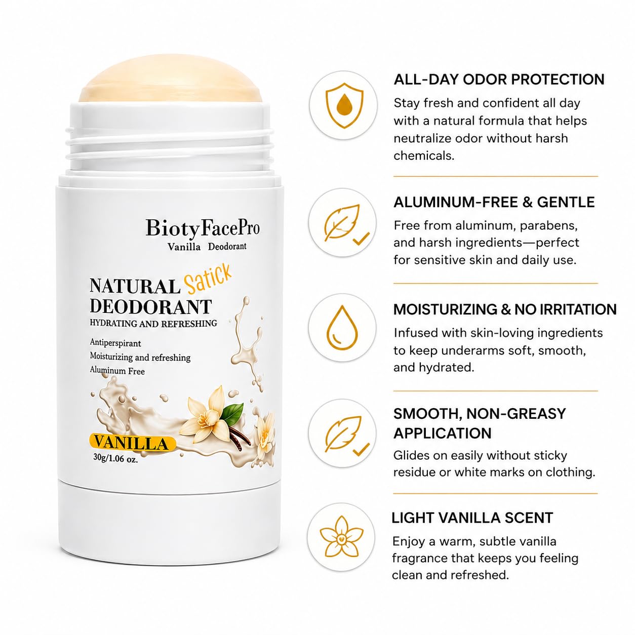 BiotyFacePro Natural Deodorant Stick - Aluminum-Free, Moisturizing & Refreshing, Long-Lasting Odor Protection, (Vanilla) Beauty and Personal Care BIOTYFACEPRO SKINCARE