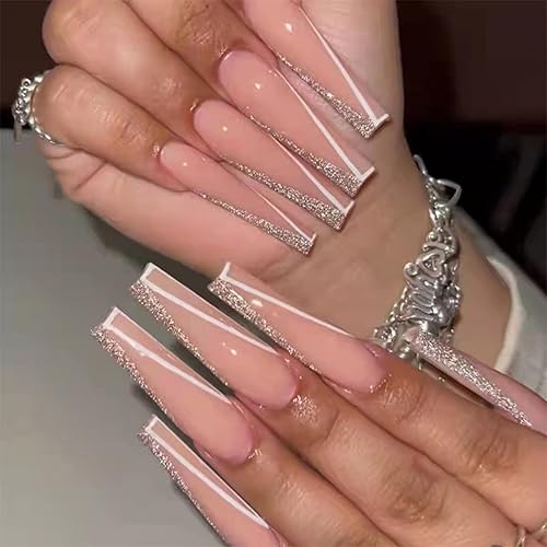 MISUD Press on Nails - Long Coffin Fake Nails with Pink, Acrylic Bling Glitter Design 24 pcs Beauty & Personal Care MISUD