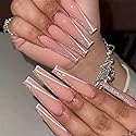 MISUD Press on Nails - Long Coffin Fake Nails with Pink, Acrylic Bling Glitter Design 24 pcs Beauty & Personal Care MISUD