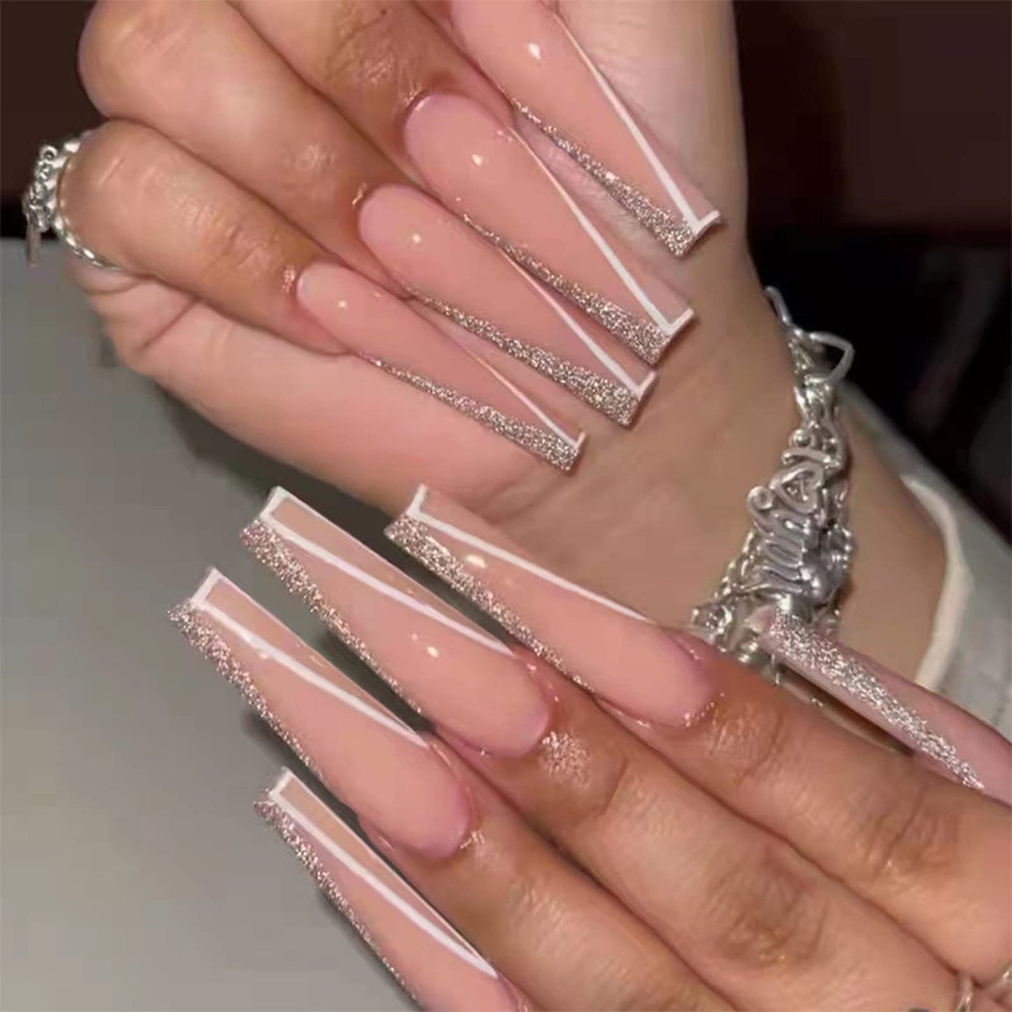 MISUD Press on Nails - Long Coffin Fake Nails with Pink, Acrylic Bling Glitter Design 24 pcs Beauty & Personal Care MISUD