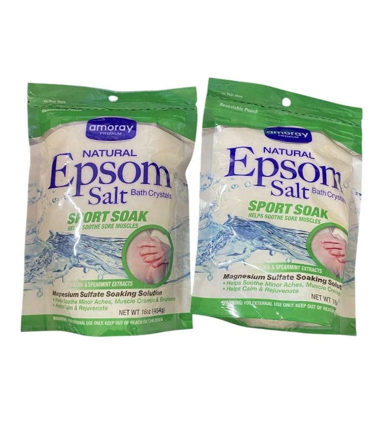 Amoray Natural Epsom Salt Bath Crystals Sport Soak with Menthol & Spearmint, Muscle Relief, 16oz 2 Pack Beauty and Personal Care Amoray