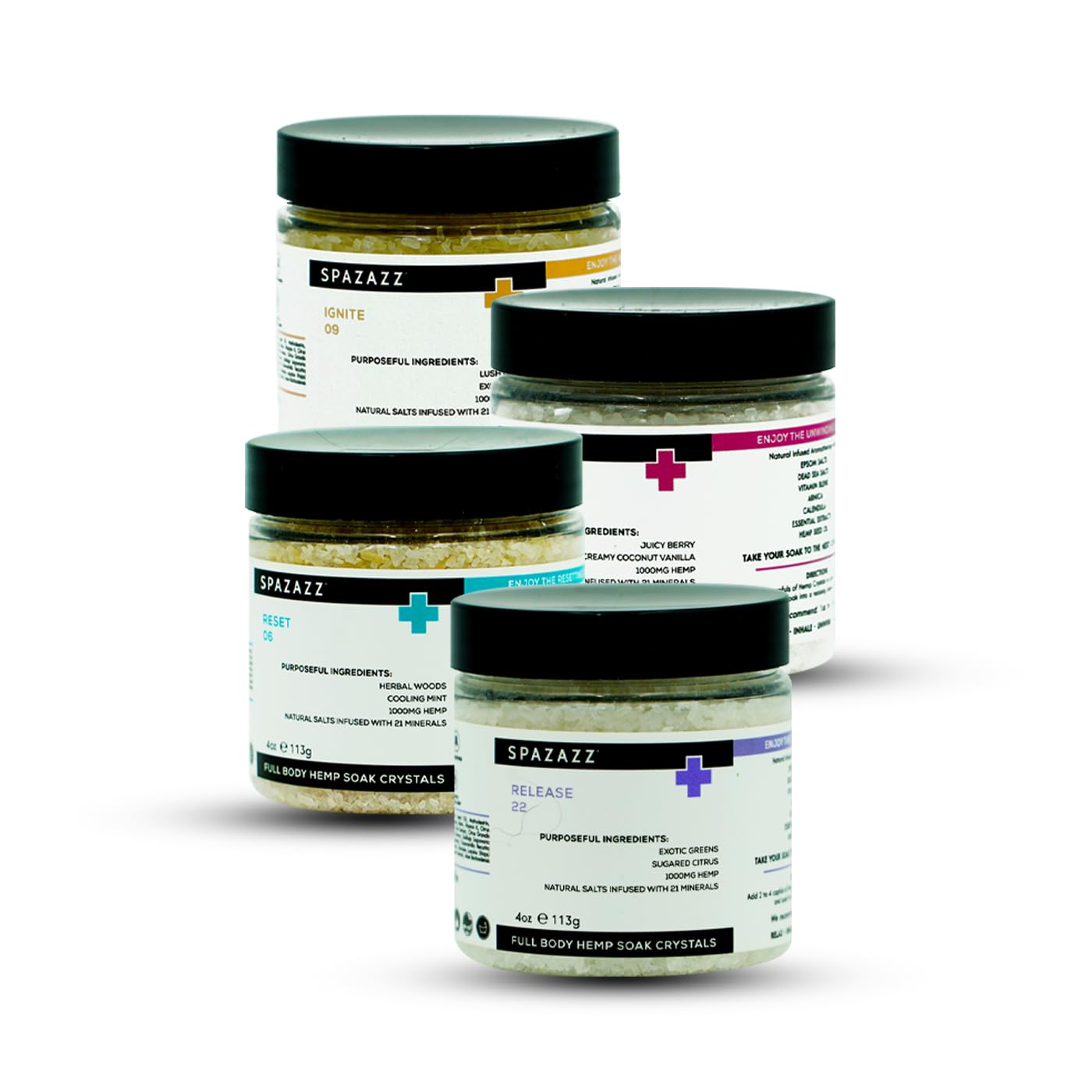 Spazazz Hot Tub Aromatherapy Full Body Hemp Soak Collection Sampler Pack - 4oz 1000 mg Hemp Spa Aromatherapy Hot Tub Bath Salt Crystals 4 Pack Beauty and Personal Care Spazazz
