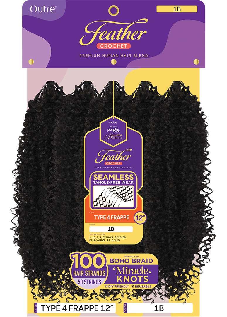 Outre Purple Pack Brazilian Premium Human Hair Blend Feather Crochet Braid - Feather Type 4 Frappe 12" (JET BLACK 1)