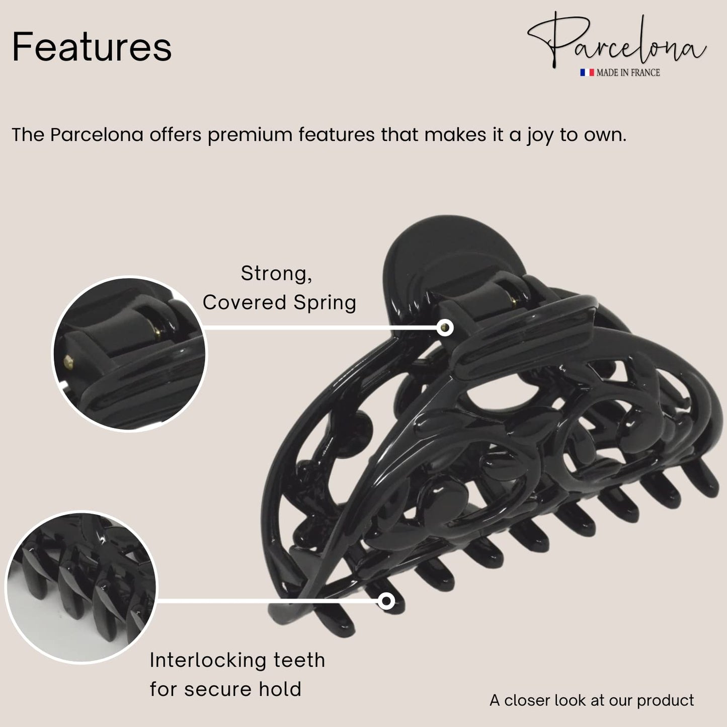Parcelona French Jardin Black Medium Covered Spring Celluloid Jaw Hair Claw Clip Clamp Clutcher Beauty & Personal Care Parcelona