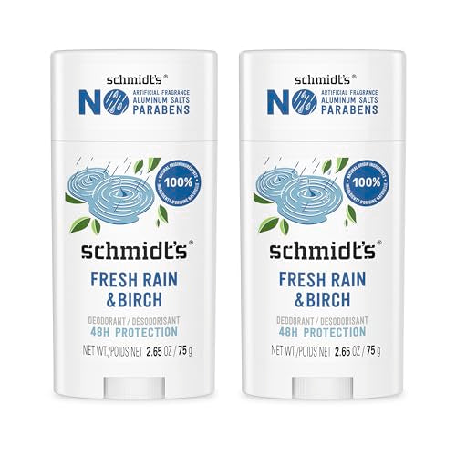 Schmidt's Aluminum-Free Vegan Deodorant Fresh Rain & Birch with 24 Hour Odor Protection, 2 Count for Women and Men, Natural Ingredients, Cruelty-Free Beauty and Personal Care Schmidt's