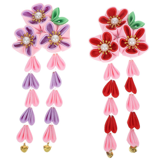 2pcs Womens Girls Kimono Traditional Tsumami Kanzashi Outfit Wedding Japanese Asian Yukata Hair Tie Flower Floral Fan Barrette Clip (Pink/Red Beauty & Personal Care Amosfun