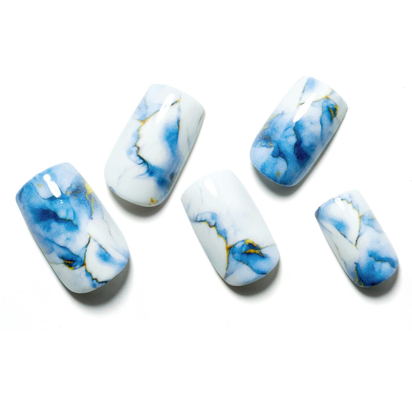 Marble Press on Nails Short Square GLAMERMAID, Blue Gold Acrylic Fake Nails with Design Luxury Stick Glue on Nails Reusable Glossy False Nail Sets Beauty & Personal Care GLAMERMAID