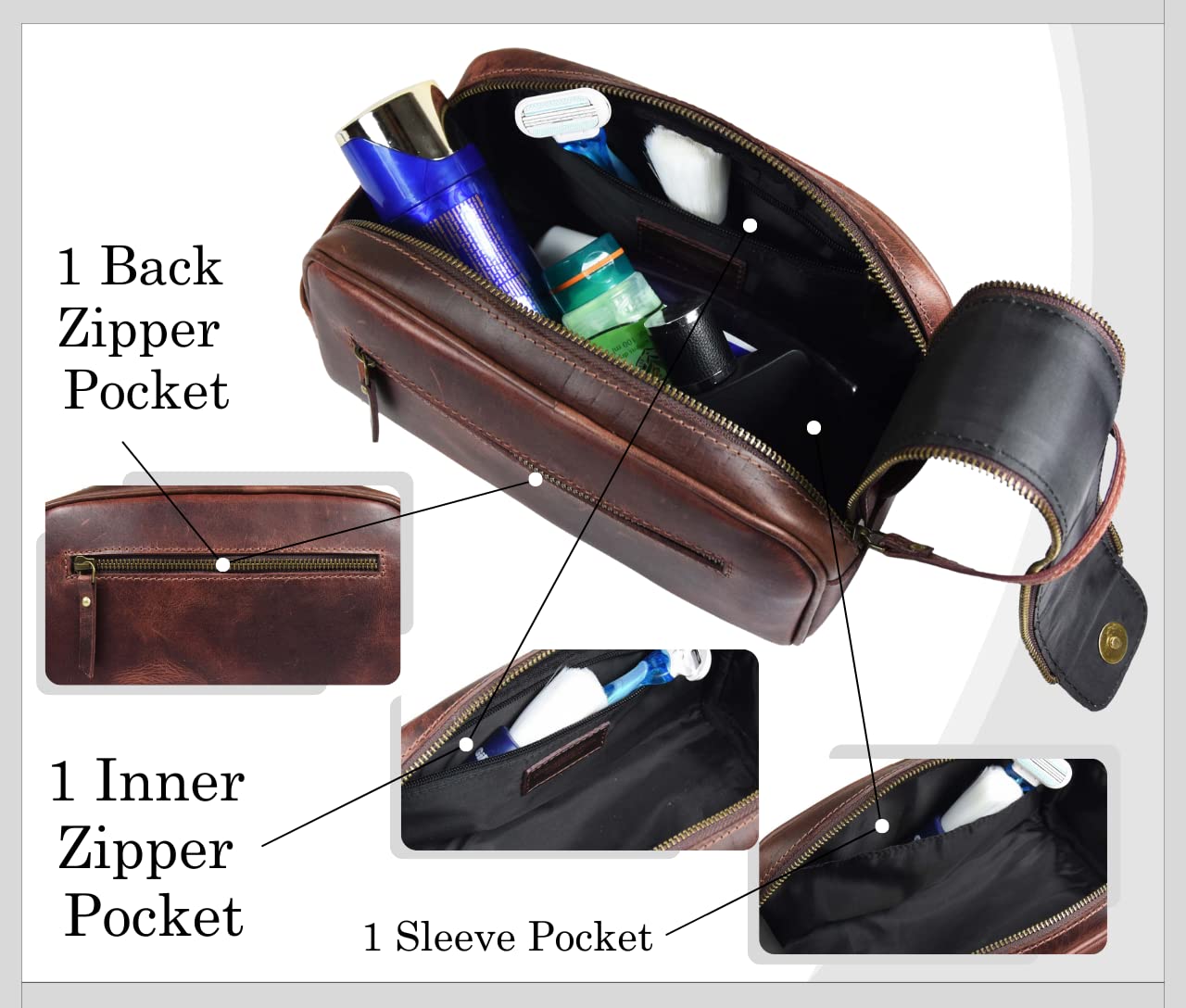 10" Premium Leather Toiletry Travel Pouch With Waterproof Lining | King-Size Handcrafted Vintage Dopp - Kit By Aaron Leather Goods (Dark Brown) Beauty and Personal Care AARON LEATHER GOODS VENDIMIA ESTILO