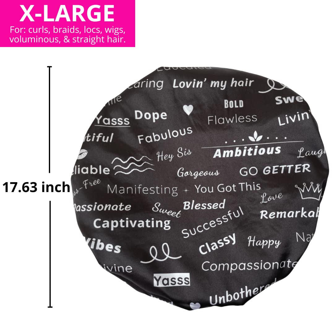 Shower Cap - Extra Large, Black, Satin lined inside, Reversible bonnet, Waterproof outer layer, Adjustable Elastic Strap, Reusable, Washable, Positive Beauty & Personal Care Natural & Brown