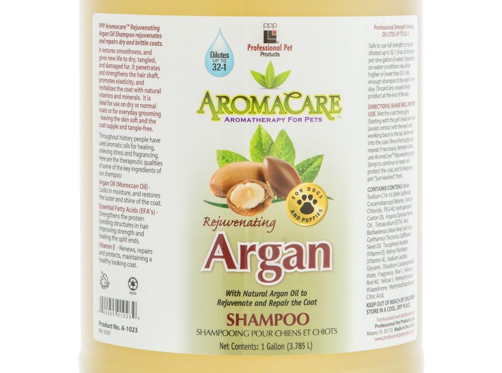 PPP AromaCare Rejuvenating Argan Shampoo for Dogs - Repairs Dry and Brittle Coats - Leaves Fur Silky & Shiny - 1 Gallon