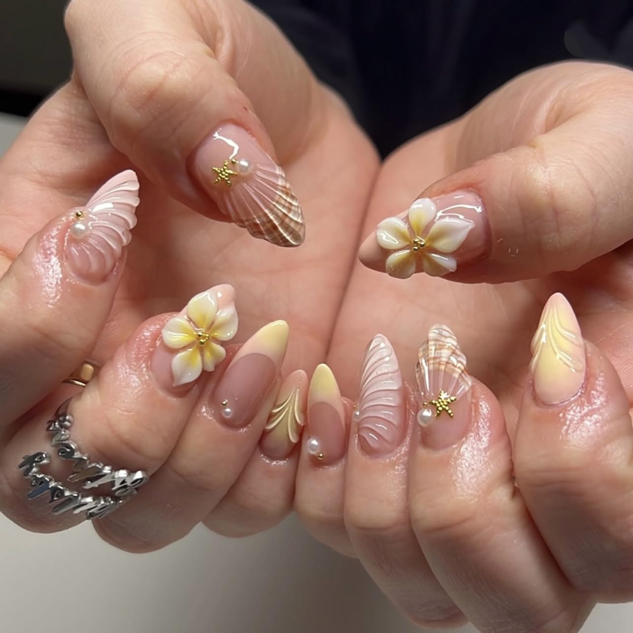 CTTHNBD Almond Press on Nails Short - Summer Fake Nails with Shell Starfish Design - French Tip, Flower False Nails for Women - 24 Pcs Beauty and Personal Care CTTHNBD Default Title