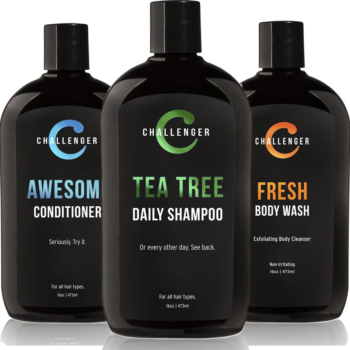 Challenger Men’s Tea Tree Shampoo, Conditioner, & Fresh Body Wash Trio, 3X 16 Oz Bottles | Sulfate Free w/Vitamins, Argan Oil, Biotin | Keratin Beauty & Personal Care Challenger