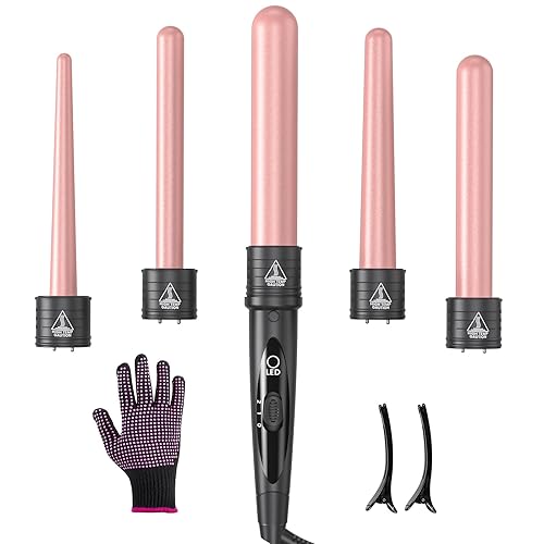 5 in 1 Curling Iron Wand Set, Hair Curling Iron Interchangeable Ceramic Barrels (0.35 to 1.25 Inch), Barrel Heat Protective Glove 2 Clips, Dual Beauty & Personal Care Amgcive