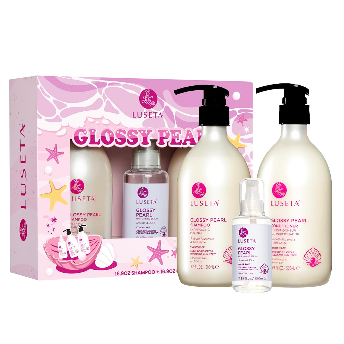 Luseta Glossy Pearl Trio Hair Care Set Smoothing & Moisturizing Shampoo and Conditioner Hydrating Hair Oil Detangle,Nourish Strands Add Shine Beauty & Personal Care L LUSETA