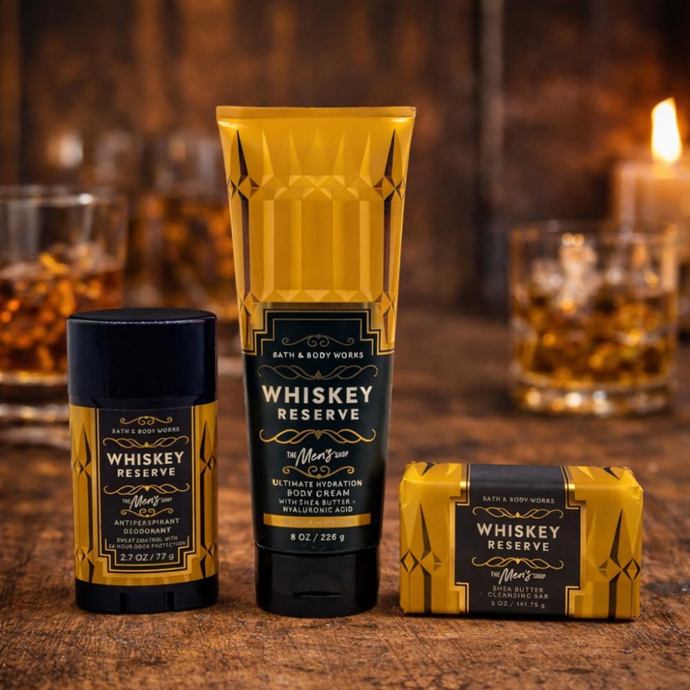 Bath & Body Works WHISKEY RESERVE Men’s Collection Body Cream, Shea Butter Cleansing Bar, and Antiperspirant Deodorant 3pc Gift Set with 30-inch Gold Beauty and Personal Care Bath & Body Works