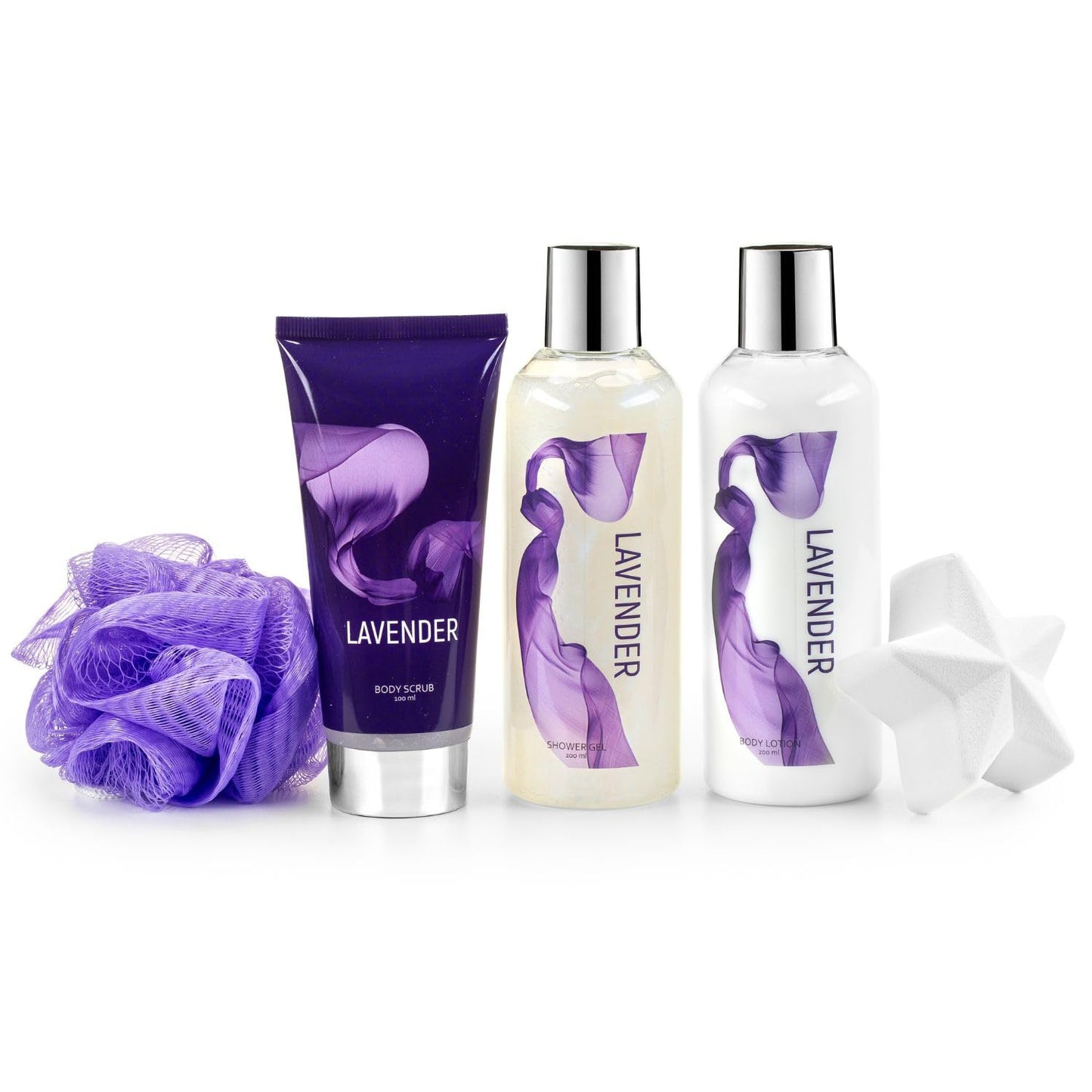 Fragrance Bath & Body Collection Gift Box, Includes Shower Gel, Body Lotion, Body Scrub, Bath Bomb & Sponge (Lavender) - Mother's Day Gift for Mom Beauty and Personal Care Freida and Joe