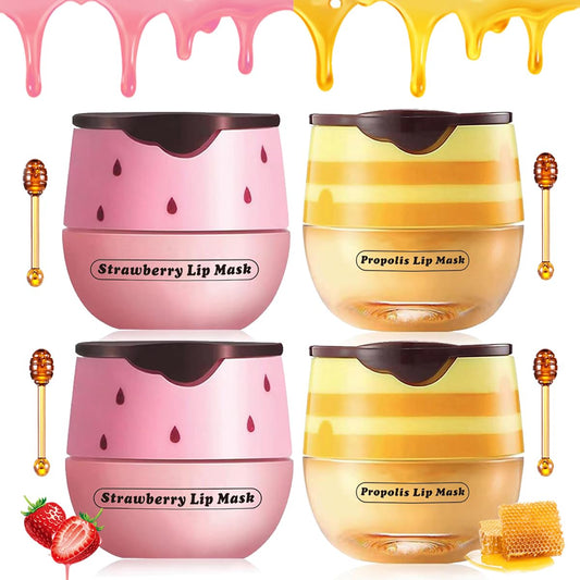 4 Pcs Strawberry & Honey Lip Balm, Moisturizing Propolis Sleeping Lip Mask, Vitamin E Lip Masks, Hydrate Repair Prevent Dry Cracked Lip Exfoliator Lip Beauty and Personal Care XTJXTJ