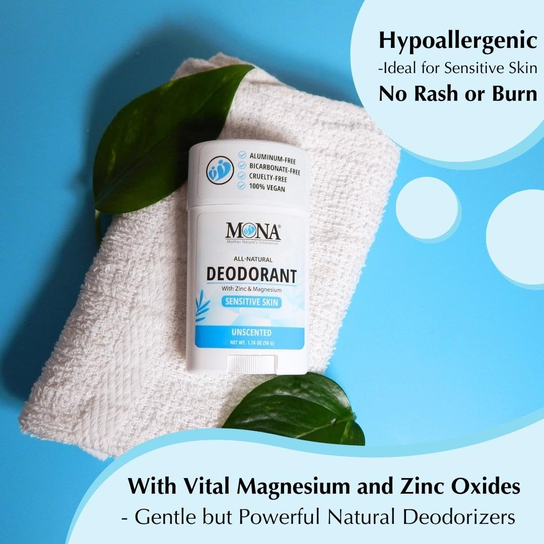 MONA BRANDS All Natural Deodorant For Women & Men - For Sensitive Skin - No Aluminum or Baking Soda - (2-Pack UNSCENTED 1.76 Oz each) Beauty and Personal Care MONA