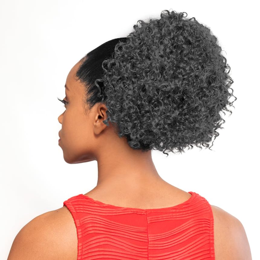 DS005 Curly Ponytail Color 1 Black - Foxy Silver Wigs 8-10" Length Drawstring Tight Curls Hairpiece Extension Synthetic Black Grey Full Bun Womens
