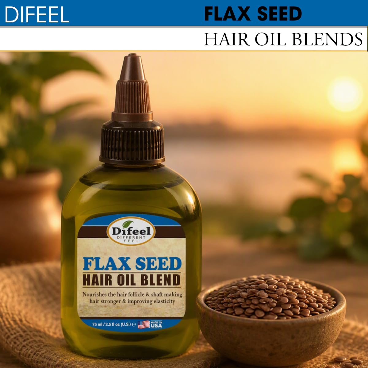 Difeel Flax Seed Hair Oil Blend - Travel Size 2.5 oz. - Strengthening & Moisturizing Hair Oil Treatment