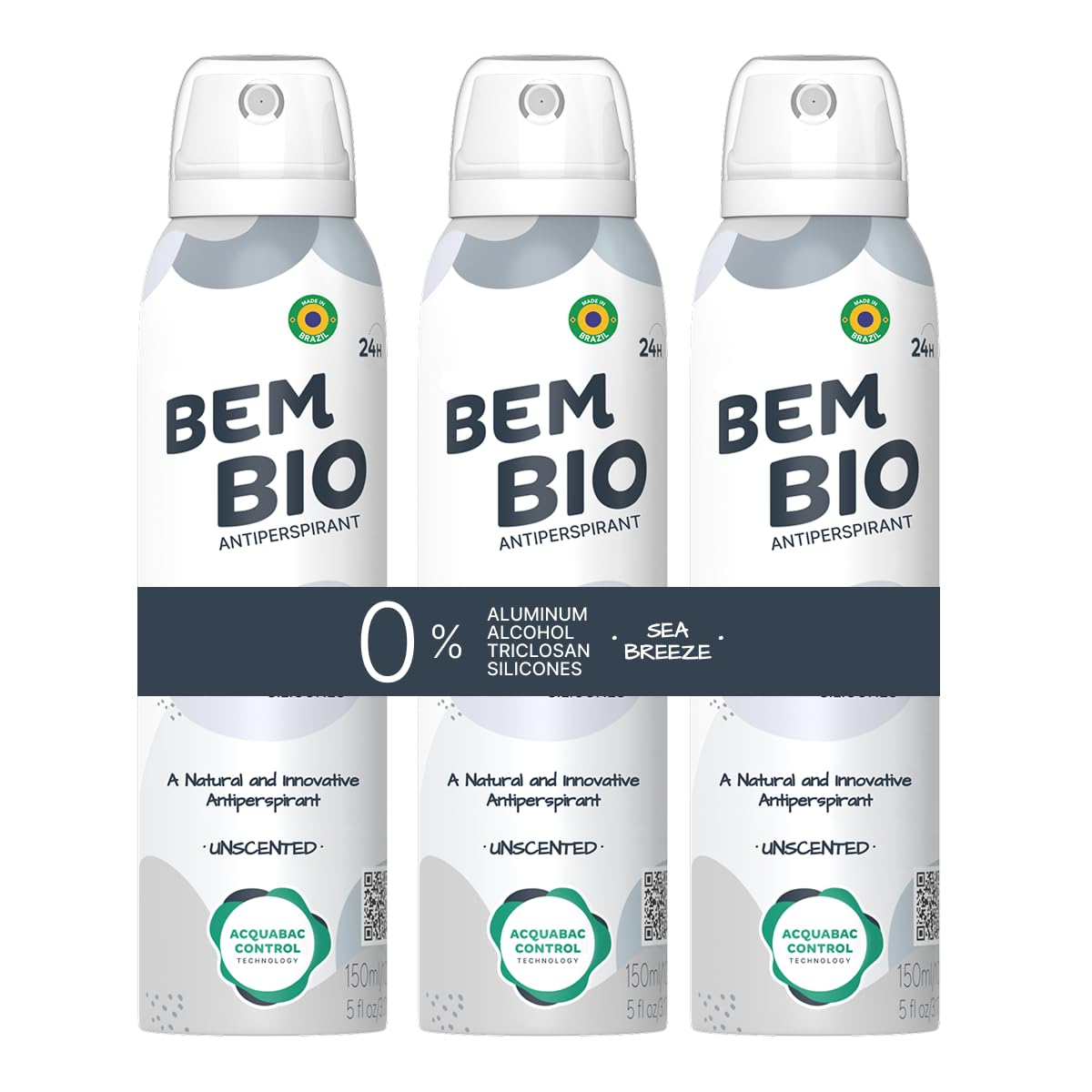 BemBio Unscented Biotranspirant Deodorant - Natural, Aluminum-Free, Vegan, 24-Hour Protection - Odor Control, Fragrance-Free - (5.07 fl oz) (3 UND) Beauty and Personal Care BEM BIO