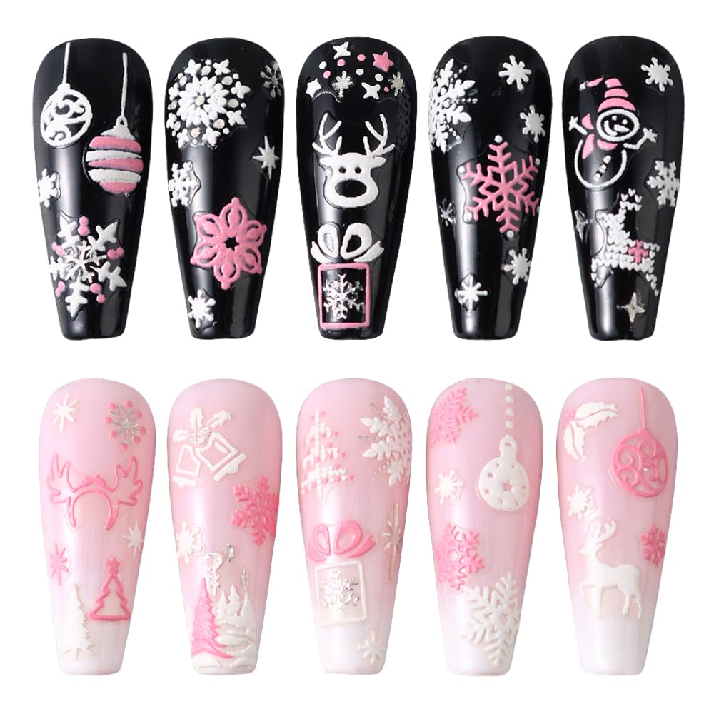 Christmas Nail Art Stickers, 8Sheets 5D Embossed Snowflake Nail Decals Pink White Snowflake Bell Elk Snowmen Xmas Tree Winter Nail Design DIY Beauty & Personal Care Qdsuh