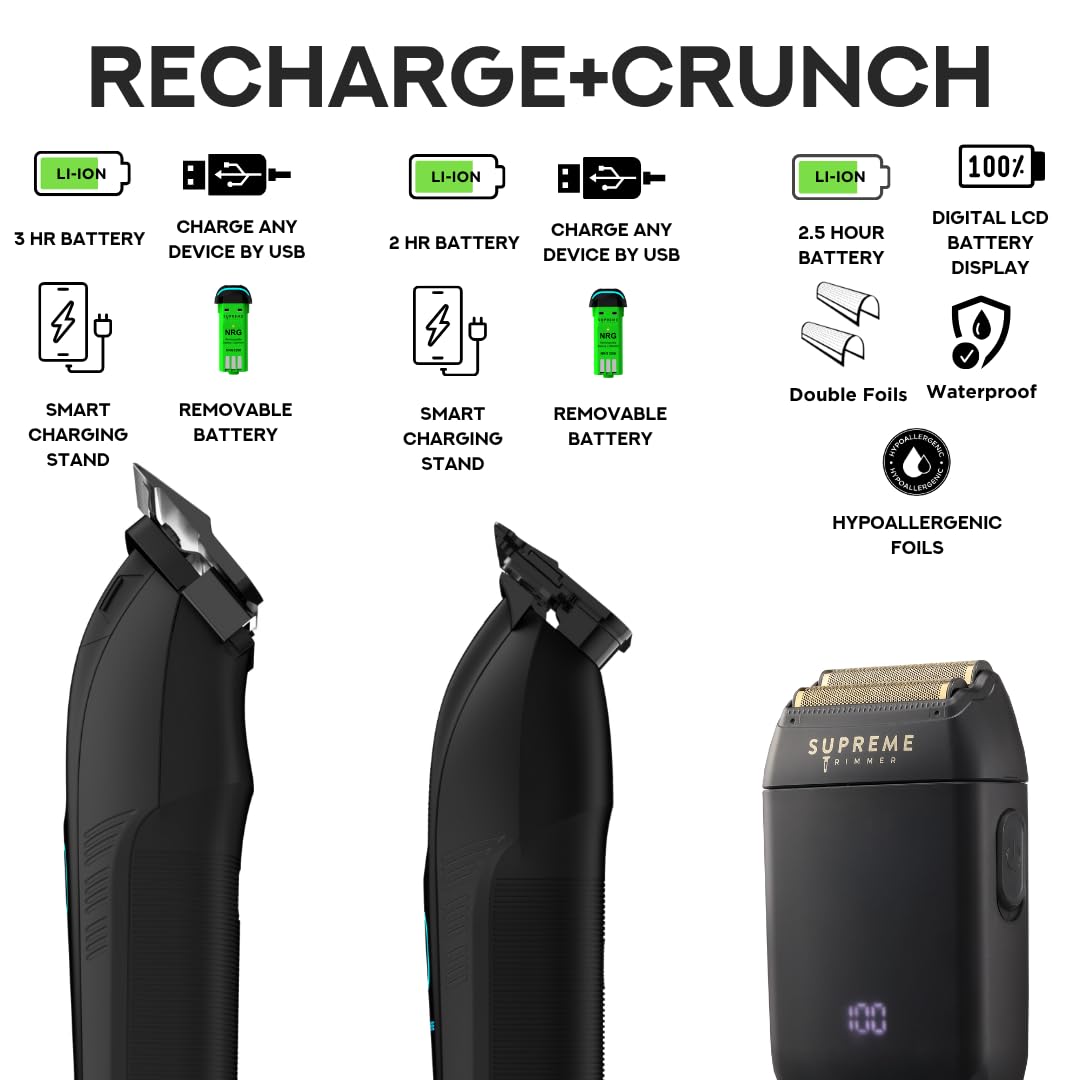 Supreme Trimmer 3-in-1 Recharge Hair Clipper, Beard Trimmer & Crunch Foil Shaver Combo - Removable Batteries, Smart USB Charging Base, Master Barber Beauty and Personal Care Supreme Trimmer