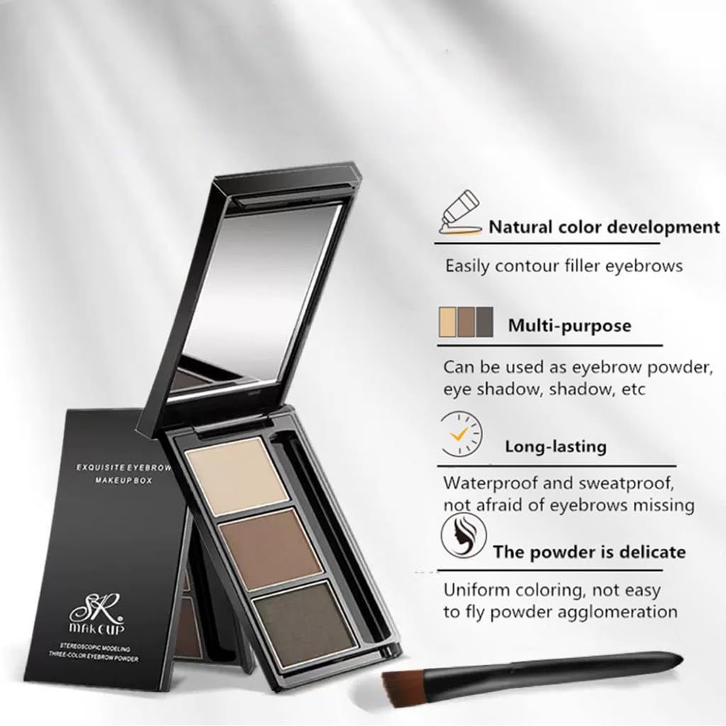 Eyebrow powder three-color brow disc waterproof eyebrow powder eyebrow makeup kit eyebrow filler to shape natural eyebrows (03# Skin color, brown Beauty & Personal Care UOCK
