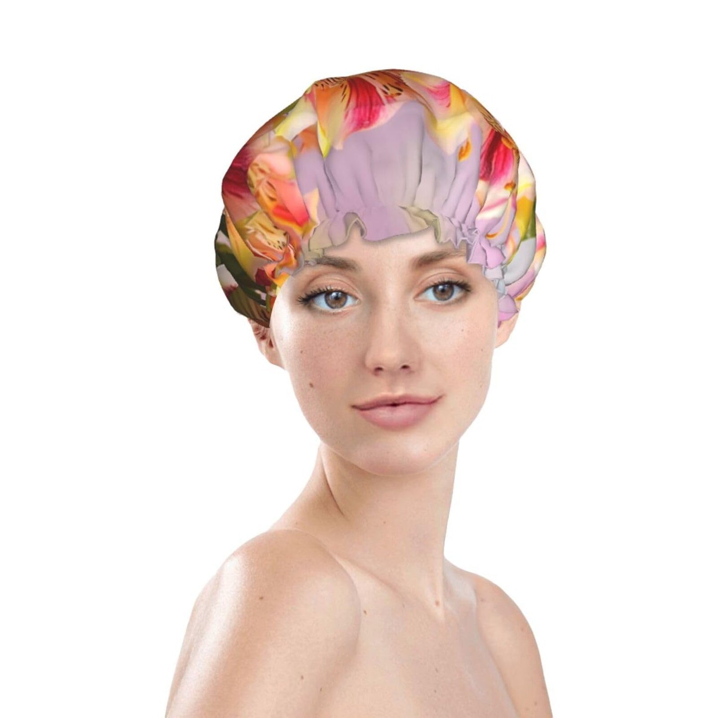 Alstroemeria Shower Cap For Women Reusable Double Layers Bathing Bath Cap Hair Caps Waterproof Elastic Band Ladies Spa Salon Shower Hat Hair Caps Beauty and Personal Care GDSHJKLW