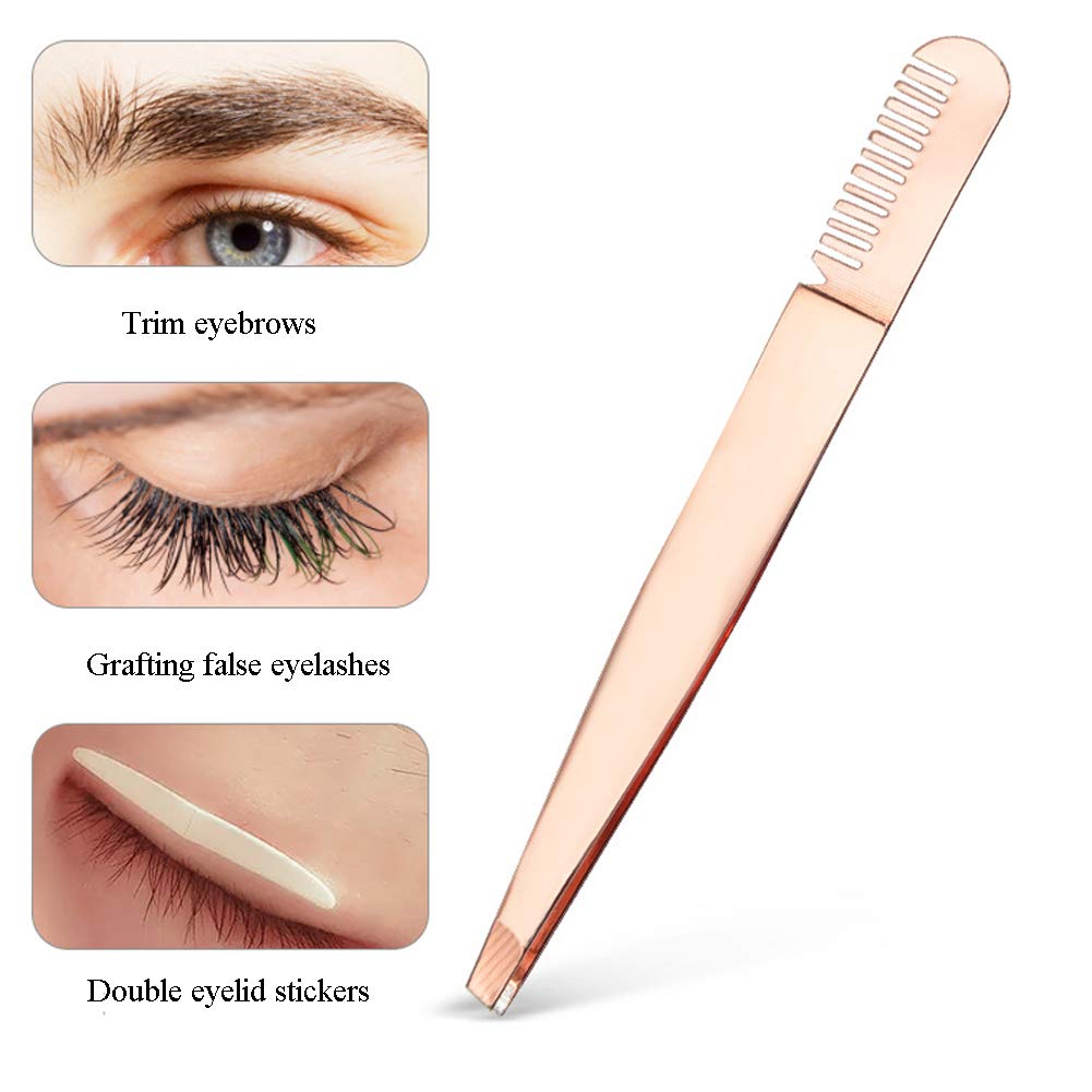 2 Pieces Multifunctional Eyebrow Tweezers with Eyebrow Comb False Eyelashes Applicator Tool Makeup Grooming Tool for Eyebrows or Facial Hair(Rose Beauty & Personal Care mollensiuer