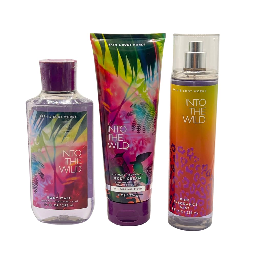 Bath & Body Works INTO THE WILD Fine Fragrance Mist, Ultimate Hydration Body Cream & Body Wash 3-piece Gift Set with a Blue Bow for Holidays - Full Beauty and Personal Care Bath & Body Works