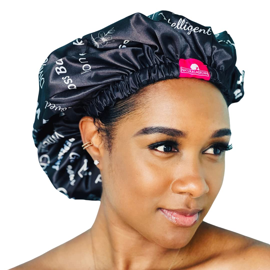 Shower Cap - Extra Large, Black, Satin lined inside, Reversible bonnet, Waterproof outer layer, Adjustable Elastic Strap, Reusable, Washable, Positive Beauty & Personal Care Natural & Brown