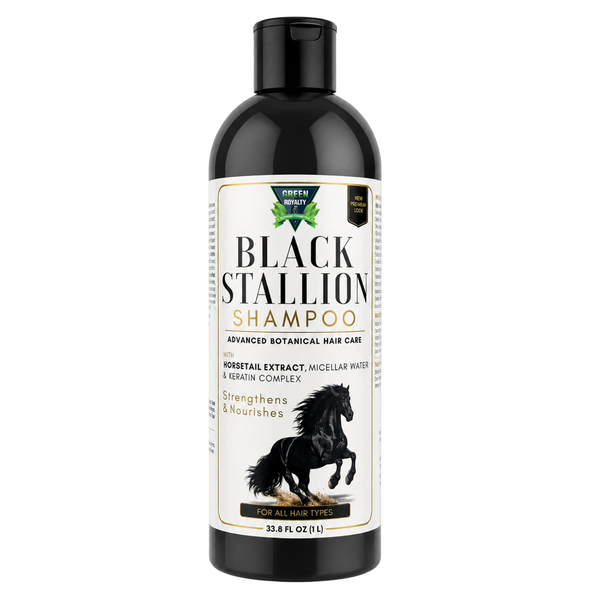 Green Royalty Black Stallion Premium Shampoo, Cola de Caballo & Biotin Hair Care, Fuller-Looking, Soft & Manageable Hair, 33.8 fl oz (1 L)